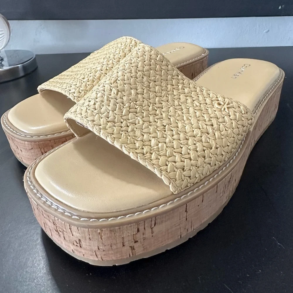 🆕Calvin Klein ARZELIA Natural Woven Cork Platform Sandals